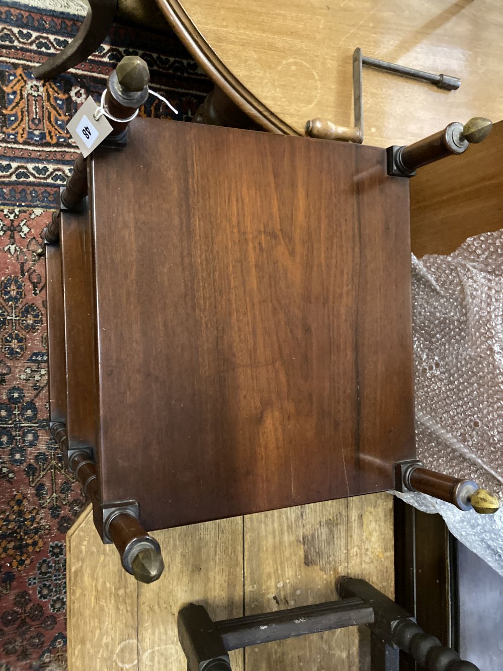 A 19th century three tier mahogany whatnot (altered), width 46cm, depth 42cm, height 112cm